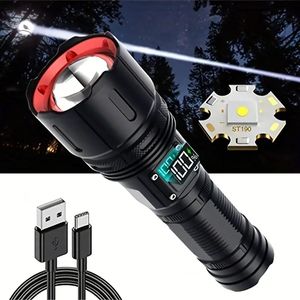 Torce ricaricabili da 1 pz. Alti lumen, Torcia LED ST190 super luminosa, Torcia potente da 120.000 lumen, 4 modalità, Fascio ultra lungo zoomabile