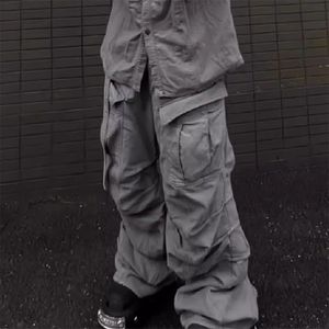 Streetwear grandes poches ceintures plissé Baggy jean pour hommes et femmes lavé droit décontracté Cargo pantalon surdimensionné Denim pantalon