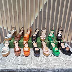 Tasarımcı Yüksek Topuk Platform Kadınlar Sandalet Ahşap Topuk 12cm Yaz Moda Deri Sandal Ayarlanabilir Ayak Bileği Strap Parti Ayakkabıları Kutu 507