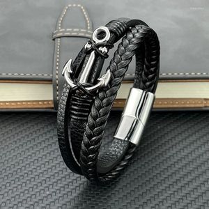 Charme pulseiras vintage aço inoxidável pulseira de couro para homens multi-camada criativo navio âncora tecido trançado corrente presentes atacado