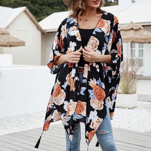 Kadın Mayo Yaz İnce Kadın Çiçek Kimono Uzun Siyah Baskı Kadın Giysileri Sıradan Gevşek Büyük Boyutlu Şifon Bluz Şık Plaj Kapağı