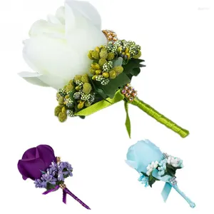Dekoratif çiçekler düğün buket yapay gül mavi broş korsages glitter rhinestone kurdele dantel klasik balo boutonniere pins dekor