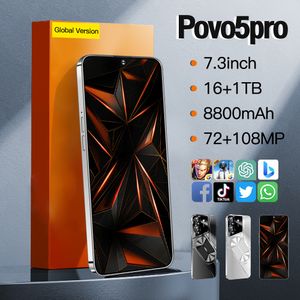 2024 Новый бренд Povo 5pro, глобальная версия мобильного телефона, 7,3-дюймовый экран, большая батарея 8800 мАч, поддержка двух телефонных карт, Android 13, поддержка OTG