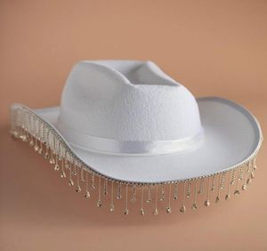 Geniş Memul Şapkalar Beyaz Pırlanta Saçak Gelin Cowgirl Hat Mrs Cowboy Nedime Hediye Gelin Yaz Ülkesi Batı Hatwide4843192