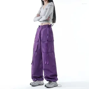 Calça feminina Flâmica de hip hop roxo y2k carga folgada mulher high streetwear calça vintage bolsões de cintura alta