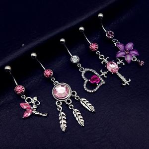 20pcs Mix Style Style Pink Angel Rüya Catcher Cross Gül Çiçek Sarkan Göbek Göbek Bar Düğmesi Halkalar Vücut Piercing Mücevher Setleri244D