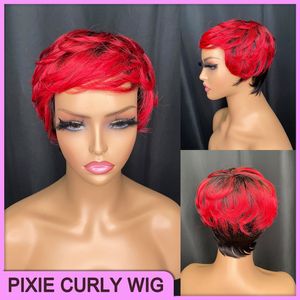 Malásia vermelho/1b cru remy cabelo humano pixie corte peruca regular ajustável sem peruca de renda peruano indiano malaio