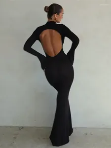 Sıradan Elbiseler Laxsesu Sırtsız Seksi Maxi Elbise Kadınlar Uzun Kollu Bodycon Siyah Sonbahar Zarif Parti Akşam Kadınlar için 2023