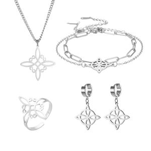 Kolye Küpe Seti Cadı Knot Yüzük Bilezik 4pcs Mücevher Kadınlar Paslanmaz Çelik Büyücül Muska Cadı Takı Seti Altın Gümüş