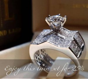 2019 Yeni Varış Lüks Takı 925 STERLING Gümüş Çift Halkalar Pave White Saphire CZ Diamond Women Düğün Gelin Yüzük Seti L2938017