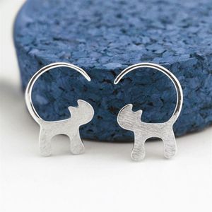 Orecchini a bottone con gatto a coda lunga per le donne Gioielli con animali di moda Argento sterling 925 Bel regalo Semplice borchie di gatti dei cartoni animati291n