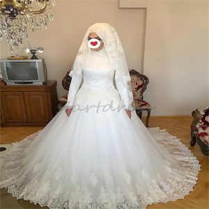 Moderno branco muçulmano vestido de casamento país islâmico jardim manga longa vestido de noiva 2024 alta pescoço princesa igreja vestidos de noiva rendas apliques mulheres robe de mariee