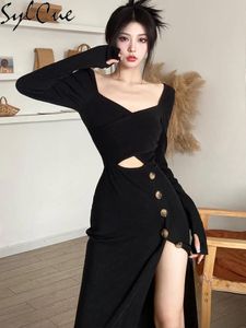 Vestido sylcue preto simples puro sexy magro maduro quente apertado estiramento feminino malha flexível manga longa pêssego coração pescoço vestido dividido