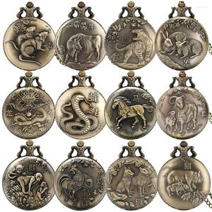 Orologi da tasca Vintage Bronzo Zodiaco cinese Ratto/Bue/Tigre//Drago/Serpente/Cavallo/Pecora/Scimmia/Gallo/Cane/Maiale Collana al quarzo