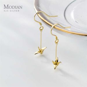 Moidan moda 925 Sterling gümüş sevimli kağıt vinç uzun zincirli damla küpeler kadın için kız altın renkli küpeler güzel takılar 21061245o