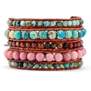 Bileklik Kadın Deri Bileklik Doğal Taşlar Vintage Halat Strand Sargı Bilezikler Boncuklu Dokma Kordon Braclet Kostüm Takım Fabrikası