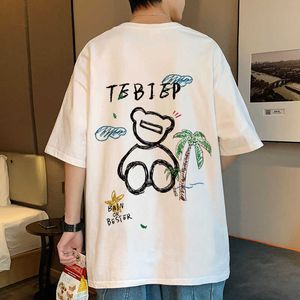 T-shirt da uomo T-shirt a maniche corte in puro cotone stile Hong Kong per l'estate da uomo Instagram Trend 2023 Nuovi vestiti Mezzo orsacchiotto sciolto Top