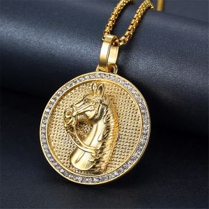 Jokey Kulübü Kolye 14K Sarı Altın At Kafası Erkekler Kolye Işyalı Rhinestones Hip Hop Unisex Takı