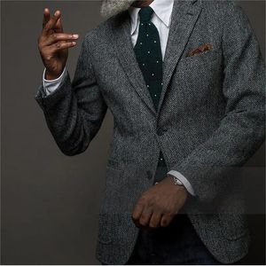 Koyu Gri Erkekler Takım Ceket Herringbone Bekarca İki Düğmesi Kaplama Damat Düğün Business Tüvit Yün Resmi Blazer 231229