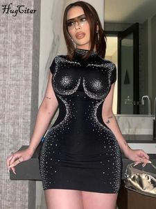 Hugcitar Shine Pullu Siyah Kısa Knapıtlı Zarif ve Seksi Bodycon Mini Top Elbise Yaz Kadın Moda Gece Elbise Partisi Kulübü 231230