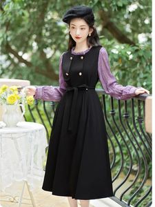 Sıradan elbiseler Fransız hepburn siyah uzun kollu kadınlar için sonbahar mor patchwork moda vestidos Kore tek parça bağcıklı elbise