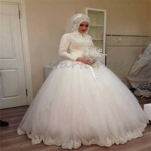 Princesa vestido de casamento de manga longa para mulheres muçulmanas elegante vestido de baile tule renda igreja pérolas vestido de noiva moderno país jardim robe de mariage vestido de noiva islâmico