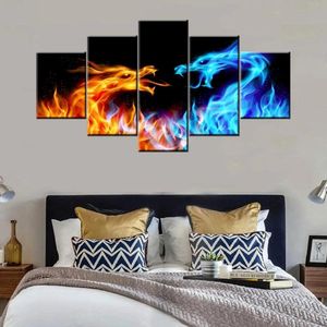 Resimler ejderha soyut hayvan mavisi ve kırmızı ateş 5 adet tuval resim baskı duvar sanatı tuval boyama duvar dekor oturma odası için