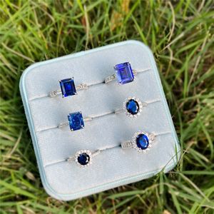 T GG T GG Çar Diamond Safir Tasarımcı Halkası Kadın için 925 STERLING Gümüş Mavi Zirkonya Yuvarlak Sqaure Kalp Lüks Düğün Nişan Bayanlar Yüzük Takı Hediye Kutusu S