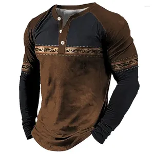 Camiseta masculina vintage camiseta de algodão bloco de cor boêmio camisa gráfica impressão manga longa henley oversized roupas masculinas topos