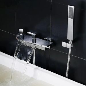 Torneiras ROLYA Premium Latão Sólido Luxuoso Preto / Cromado Montado na Parede Cachoeira Misturador Torneira Banheira Torneiras com Chuveiro de Mão