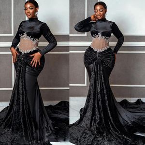 Velvet Aso Ebi Prom Dresses Black Illusion Black High Neck Long Sleeves Lace Mermaid Evening Formal Dress for Special Occasions African Black Women Outfit NL212