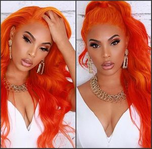 Peruklar uzun vücut dalgası turuncu peruk ünlü kadın cosplay stil frontal ısıya dayanıklı sentetik dantel ön peruk peruk doğal saç çizgisi