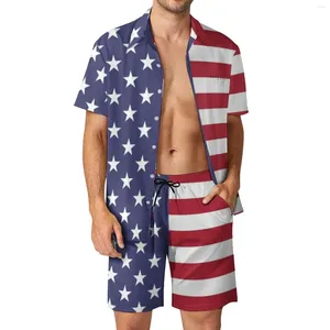 Erkeklerin Trailtsits American USA Flag Shirt 2 PCS Suit 3D Baskı Vintage Plaj Şortları Büyük Boy Set Tatil Hawaii Sokak Giyim Adam Takımlar