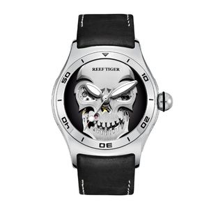 Наручные часы Reef Tiger/RT Сталь Водонепроницаемые Мужские Часы С Черепом Скелет Топ Механические Спортивные Кожаные Мужские Часы RGA70S7