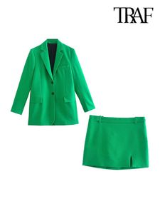 Digitalização traf moda feminina único breasted longo blazer verde casaco vintage frente fenda cintura alta mini saia conjuntos femininos mujer