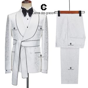 Erkek Takım Elbise Blazers Cenne Des Graoom 2023 Erkekler için Düğün Beyaz Jakarlı Kruvaze Şal Yaka Smokin Ceket 2 Parça Kemerli 230630