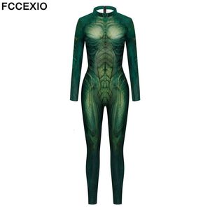 Kadın Tulumlar Tulum FCCEXIO Yeşil Uzaylı Baskı Tatil Partisi Dikişsiz Bodysuit Kadın Moda Seksi Streç Gündelik Giyim Cosplay Kostüm Tulum 230630