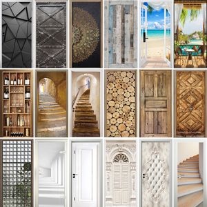 Other Decorative Stickers Retro Style 3D Door Self Adhesive PVC Poster on the Whole Sticker Cover Home Apartment Decor Fridge Art Mural 230701