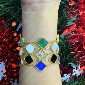 Classic Four-Leaf Clover Bracelet for Women, 18K Gold Plated with Onyx, Shell, and Mother of Pearl
