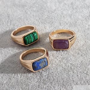 Solitaire Ring Doğal Rec Stone Halkalar Lapis Lazi Ametist Malakit Moda İç Dia 17mm Altın Renk Bant Takıları Kadınlar Drop de Dherj