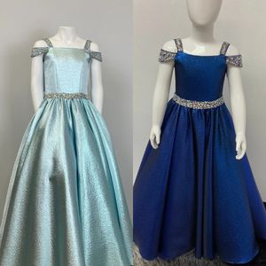 Glitter Pageant Elbise Gençler İçin Toddler Genç Genç Tiny Miss 2024 Kristaller Uzun Küçük Kız Prom Strap Resmi Kokteyl Doğum Günü Partisi Metalik Kraliyet Mavi Glitz