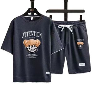 Sommer Neue Herren Trainingsanzug Leinen Stoff Teddy Skeleton Bär T-shirt und Shorts Zwei Stück Set Männer Sport Anzug Mode atmungsaktive Sets