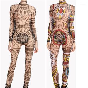 Artı boyutu kadın kabile dövme baskı örgü tulum romper curvy African Aztek Bodysuit Celebrity Catsuit Trailtsuit tulum1276o