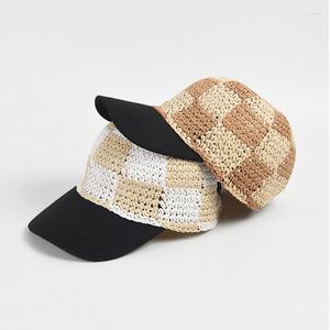 Top Caps İlkbahar ve Yaz Açık Boş Zamanlı Güneş Şapkaları El Tığ işi Kağıt Çim Kontrol Tahtası Beyzbol Kadın Güneş Koruyucu Kapak