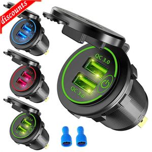 New Quick Charge 3.0 Dual USB Fast Car Charger Socket Accessories Waterproof 12V/24V QC3.0 Power Outlet with Touch Switch Led Light