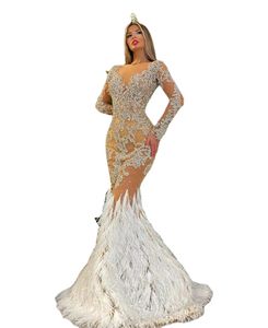 Kürk Arapça Aso Ebi Prom Elbiseler Işıltılı Kristaller Boncuklar Uzun Kollu Resmi Gowns Akşam Seksi Çıplak Deniz Kızı Dantel Parti Elbise