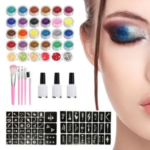 Vücut Glitter Dövme Kiti Çocuklar Geçici Dövmeler 30 Renkler 2 Parça Şablonlar 3 Tutkal 5 230801