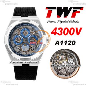 TWF Overseas Perpetual Calendar Moonphase 4300V A1120 Automatic Mens Watch Steel Case Blue Skeleton Dial Black Rubber Super Version Reloj Hombre Puretime B10