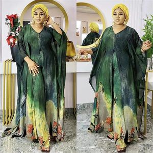 Roupas étnicas Conjunto de duas peças Chiffon Imprimir Oversize Roupas Femininas Vestidos Africanos Boubou Party Dashiki Long Maxi Dress Calças 2 Outfit