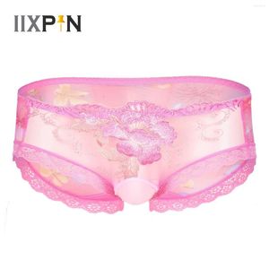 Underpants Mens Sissy Panties Flower Embroidery Lace Trim Briefs Low Rise Bulge Pouch See-Through Mesh Gays Underwear